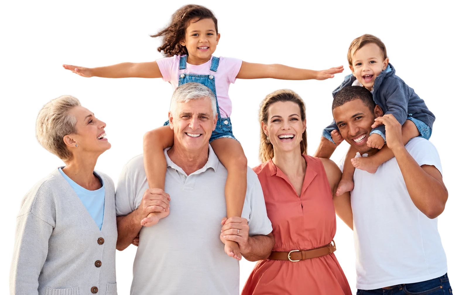Smiling multigenerational family with two children on their shoulders